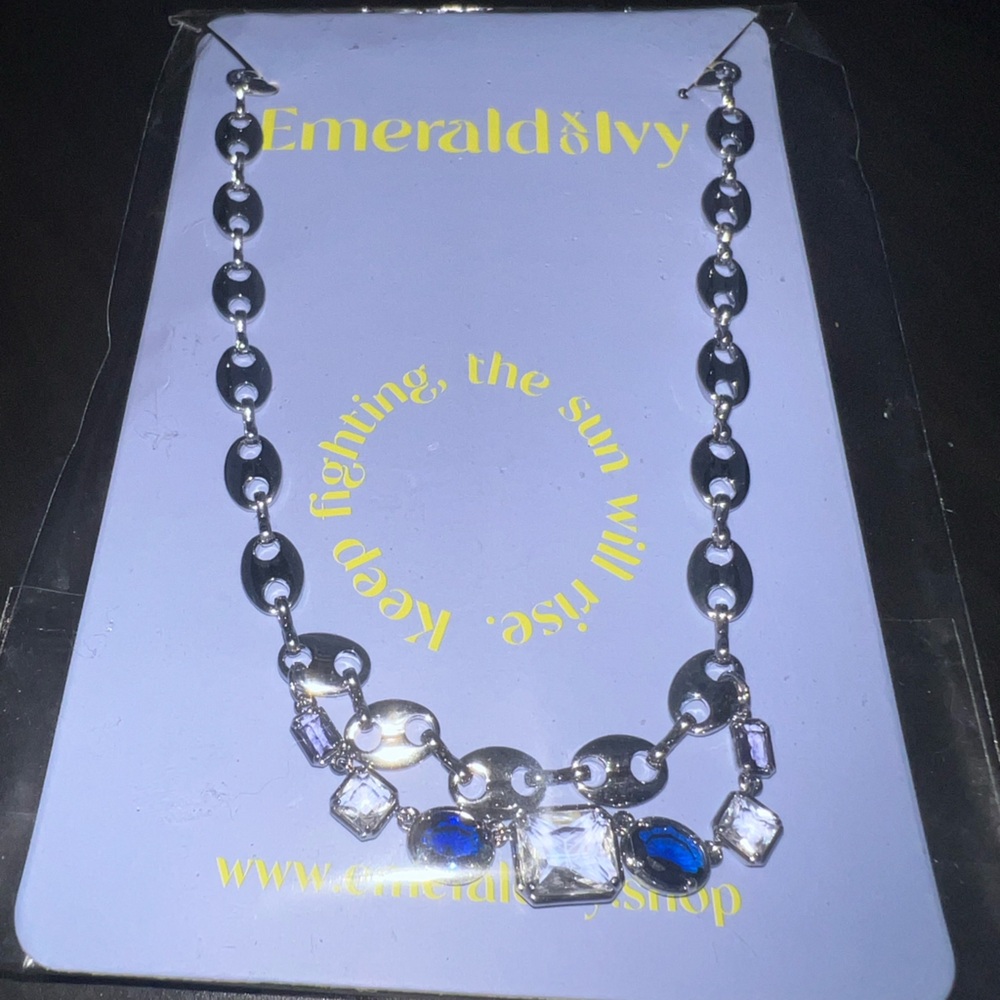 Fashion Costume Jewelry Emerald & Ivy Silver Necklace with Blue Accent Gems 💎